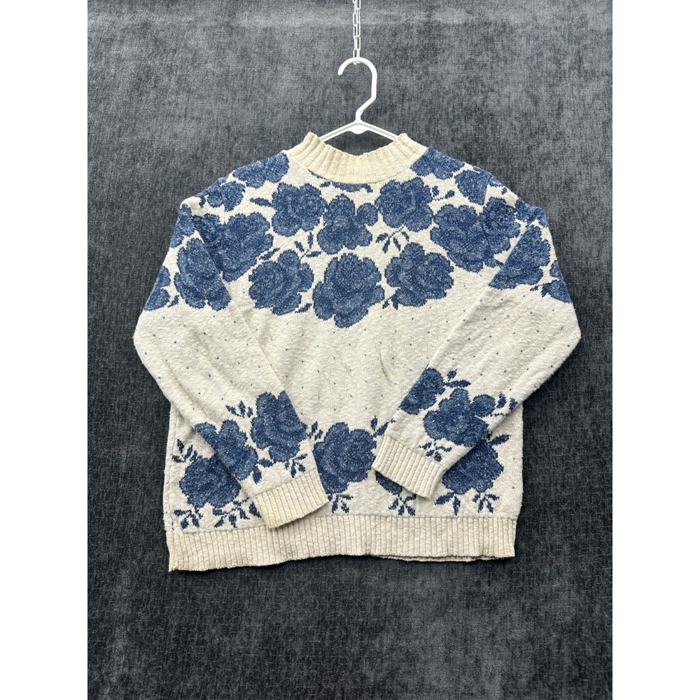 Denim Republic Sweater Womens Medium‎ Beige Cotton Floral Tight Knit Ribbed Warm